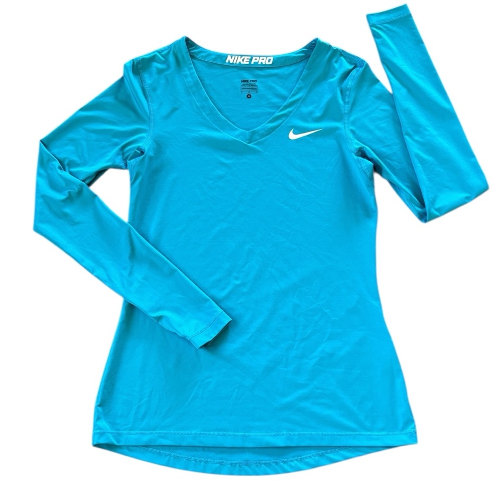 Nike Dri-Fit Blue Long Sleeve V Neck Running Shirt Size M with Thumbholes‎
